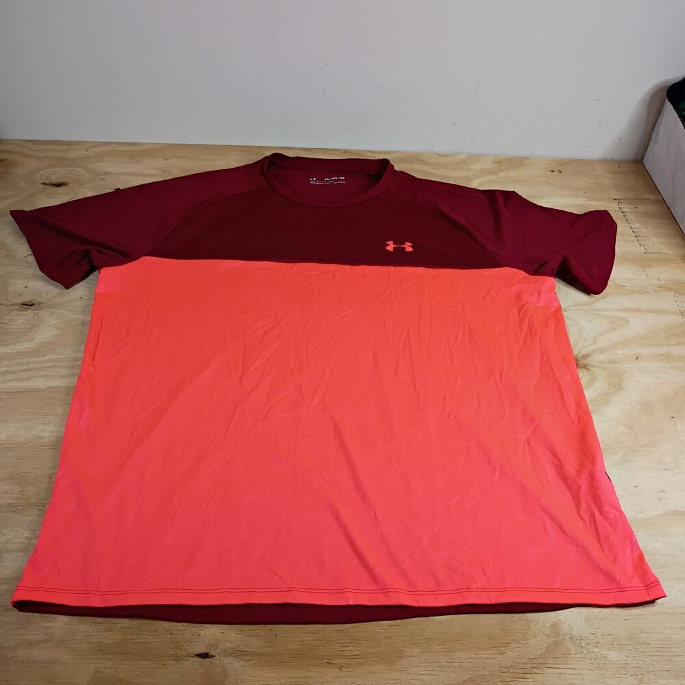 Under Armour Mens XXL T-Shirt HeatGear Loose Fit Cordova Red Colorblock Athletic